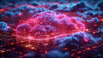 Leinwandbilder - A cloud computing concept consists of a laptop, tablet, and phone network with a digital cloud. Online collaboration via the internet. There is synchronization of computer data storage over the