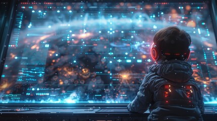 Leinwandbilder - Children learning STEM subjects online with a frame in electronic style. Empty border with tech doodles in teens' style. Boy, girl make a robot and software that controls him.