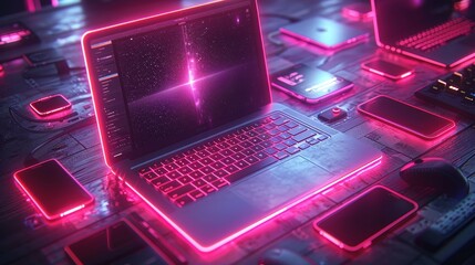 Leinwandbilder - Three-dimensional rendering of a smartphone, tablet, laptop on a table in isometric perspective. Cloud of icons representing tech icons of computer technology, software development over white