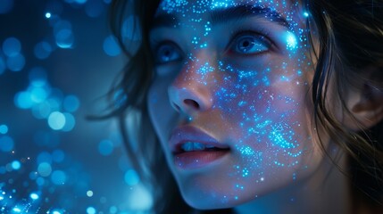 Poster - This image depicts a cybernetic anthropomorphic woman working with matrix data on a virtual interface. This is the face and head of artificial intelligence looking at information and teaching neural