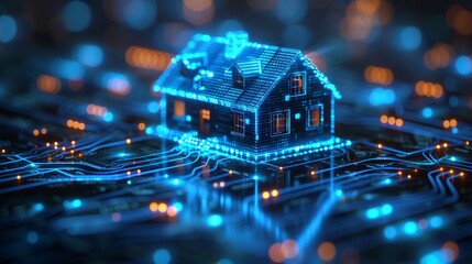 Aufkleber - The smart house technology system banner is composed of digital data and is connected to domestic smart devices via cloud storage. The smart house is controlled by digital data and IoT communications