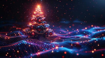 Fototapete - Computer tech style Christmas and New Year banner. Isometric Christmas tree with ornament balls. Digital technology business congratulations card.