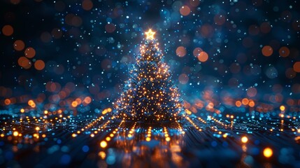 Fototapete - Merry Christmas and a Happy New Year in the style of new technology. The Christmas tree is built on a printed circuit board with the year 2023 on it. Snowfall, snowflakes are generated from