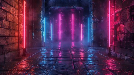 Leinwandbilder - The scene depicts a sci-fi alien cyber stage podium hallway corridor with a neon red blue light on the stand and cables and a raw grungy 3D rendering illustration of a brick wall.