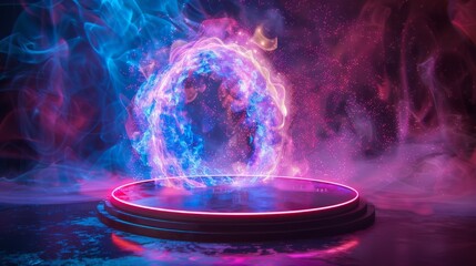 Fototapete - Colorful holographic portal. Magic fantasy portal. Round holographic podium for teleportation.