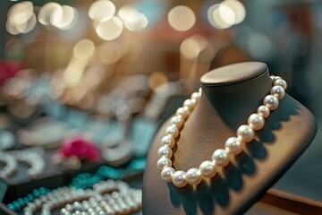 Poster - Pearl necklace on neck stand on blurred background