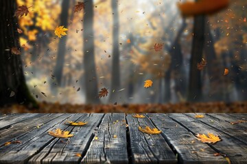 Poster - Wooden deck with leaves falling in the air. Suitable for autumn themes