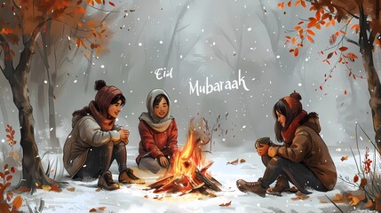 Wall Mural - A cozy scene of friends and family gathered around a crackling bonfire, sharing laughter and good cheer as they celebrate Eid al-Fitr, with the words 