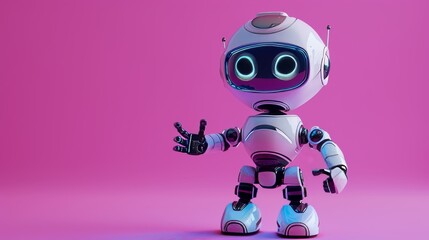 Wall Mural - Hands up cute 3d robot isolated on purple background. Friendly, cute cartoon robot, customer support chatbot. Technology concept. Robotic toy. Realistic 3d robot.