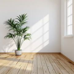 Canvas Print - empty room with white wall and wooden floor and a plant in the corner