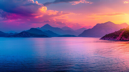 Wall Mural - panoramic view of a beautiful colorful sunset over the sea with mountains.