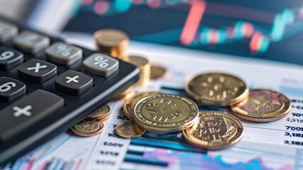 A calculator and coins on top of financial documents with stock market charts in the background