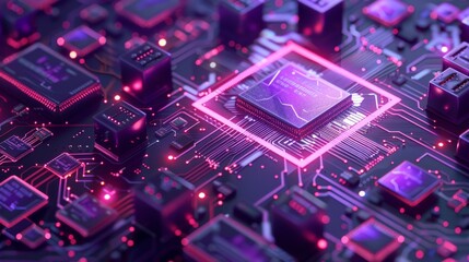 Leinwandbilder - CPU in isometric banner. Central computer processor CPU concept. Digital chip.......