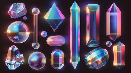 Poster - Trendy retro futuristic set with holographic geometric shapes and a transparent iridescent glass element. Overlay dispersion light with rainbow gradient icon on black background. 3D Rendering.