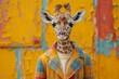 A trendsetting giraffe stares confidently, contrasting against a background of bright yellow and peeling paint