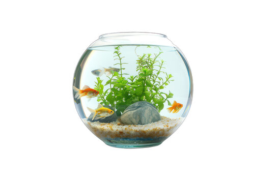 Round aquarium with fish and aquatic plants isolated on transparent or white background