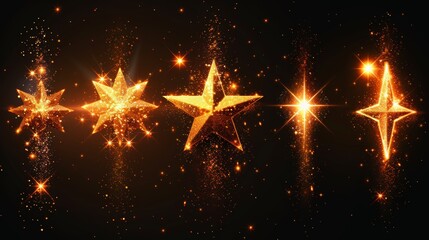 Aufkleber - The modern set of glowing stars with sparkles is isolated on a black background and can be used for illustrations, banners for Christmas celebrations or magic flash energy rays....