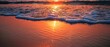 Sunset on beach, close up, orange sky reflection on water, tranquil