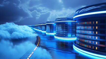 Wall Mural - Cloud Networking: A 3D vector illustration of data centers connected in a network