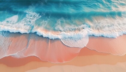  Aerial view of beautiful beach waves, on the coast with foam after being hit by the waves, reflection of sunset light on the coast with white sand