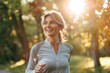 A joyful adult woman enjoys a peaceful morning jog in a sunlit park, surrounded by lush greenery. Her expression exudes happiness and contentment. Generated AI.