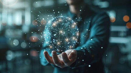 Aufkleber - Three-dimensional rendering of a businessman touching a flying network sphere on a blurry background