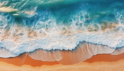  Aerial view of beautiful beach waves, on the coast with foam after being hit by the waves, reflection of sunset light on the coast with white sand