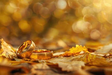 Sticker - Two wedding rings resting on a bed of autumn leaves. Ideal for wedding themes and fall concepts