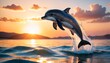 Captured mid-leap against a sunset, a dolphin arcs gracefully over the calm sea, embodying freedom and agility. AI Generation