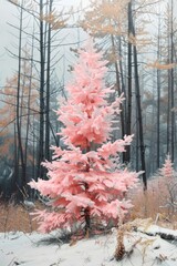 Poster - A beautiful pink Christmas tree standing in a snowy forest. Perfect for holiday and winter-themed designs