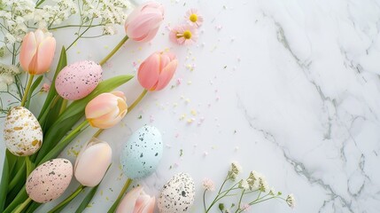 Canvas Print - Pink tulips and eggs arranged on a marble surface, perfect for Easter or spring-themed designs