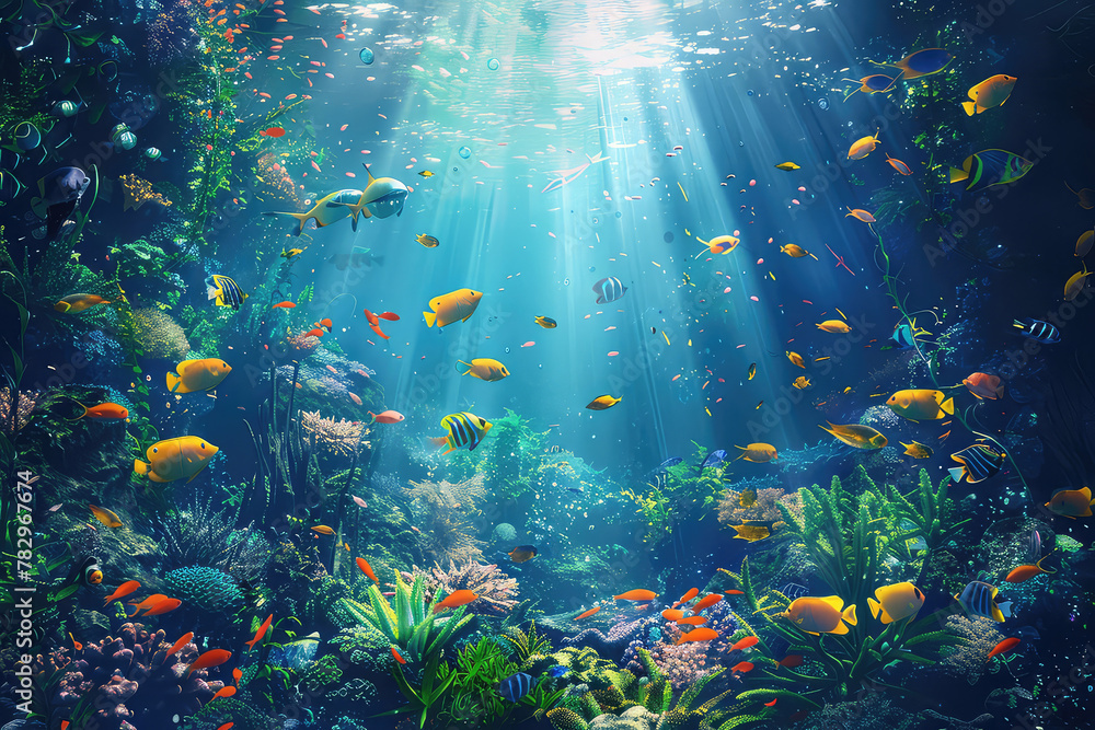 Animals of the underwater sea world. Ecosystem. Colorful tropical fishs ...