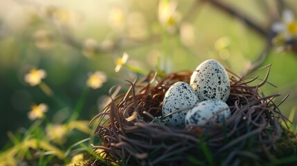 Canvas Print - Three speckled eggs in a nest in the grass. Suitable for nature and wildlife themes