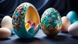 Opulent Easter eggs, intricately adorned with jewels and patterns, sit elegantly against a luxurious dark backdrop.. AI Generation
