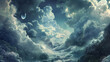 Ethereal cloudscape with raindrops and water elements, an artistic background for fantasy stories or weather-related educational materials