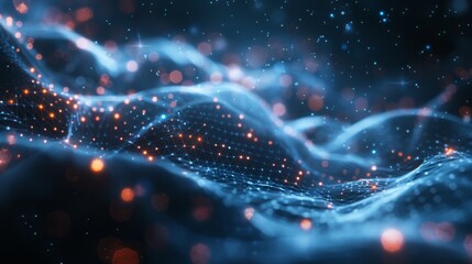 Aufkleber - An abstract futuristic illustration of data technology, with low poly shapes and connecting lines on a dark background. This is a 3D rendering.