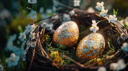 Canvas Print - Three golden eggs in a nest surrounded by white flowers. Suitable for Easter and spring-themed designs