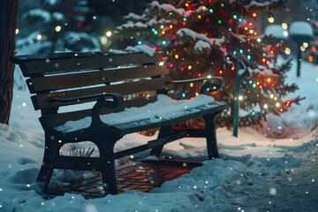 Canvas Print - A wooden bench covered in snow next to a Christmas tree. Perfect for winter holiday themes