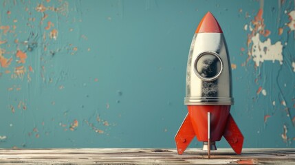 Poster - Realistic rendering of a red and silver retro rocket stand colliding with a wooden desk on a blue background. Failed launch. Technical error.