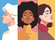 Vector flat horizontal banner for Women's Day, young women of different nationalities standing side by side. Vector concept of movement for gender equality and women's empowerment