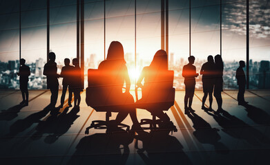 Wall Mural - double exposure image of many business people conference group meeting on city office building in ba