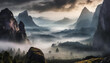 Misty dark scene with incredible landscape. Big mountains, foggy forest.