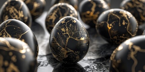 Wall Mural - Group of black and gold eggs on a table, suitable for Easter or luxury themes