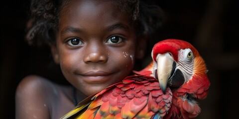 A vibrant portrait of a young girl holding a scarlet macaw, enjoying nature's beauty and exotic wildlife