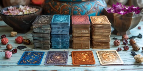 Tarot deck set for mystical predictions, imbued with symbols, occult patterns, and vintage charm