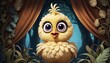 Digital art of a cute chick with large expressive eyes set amidst a backdrop of an enchanted forest and draped foliage.