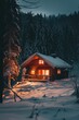 © Fotograf - A cozy cabin nestled in a snowy forest. Perfect for winter themed designs