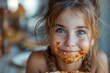 A candid portrait of a young girl with a messy pizza sauce face, radiating pure joy and carefree childhood vibes