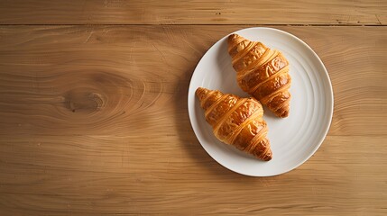 Poster - Two golden croissants on a white plate, wooden background. Simple and elegant breakfast setup captured from above. Ideal for bakery and gourmet themes. AI