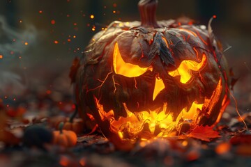 Wall Mural - A spooky Halloween pumpkin glowing on a pile of leaves. Perfect for seasonal decorations